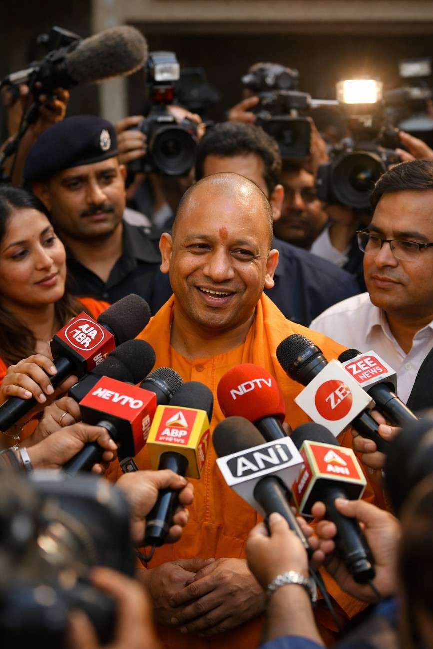 Yogi Adityanath, Uttar Pradesh Chief Minister, interacting with media reporters and photographers