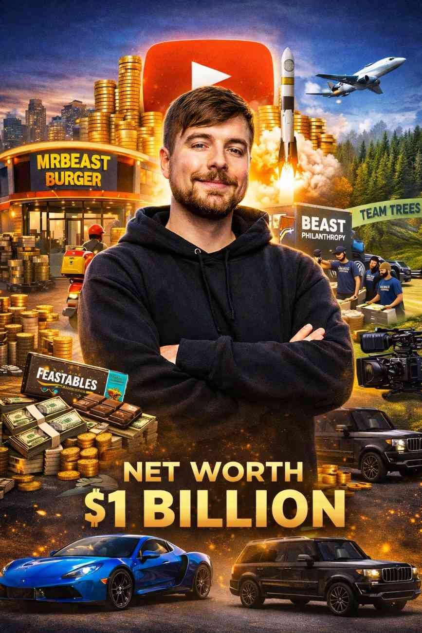 Jimmy Donaldson aka MrBeast standing with symbols of YouTube success, Feastables brand and global philanthropy in 2026