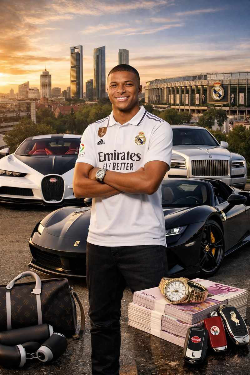 Kylian Mbappé wearing a Real Madrid jersey standing confidently with luxury cars, cash, and designer accessories, showcasing his high-salary lifestyle and elite football success in 2026.