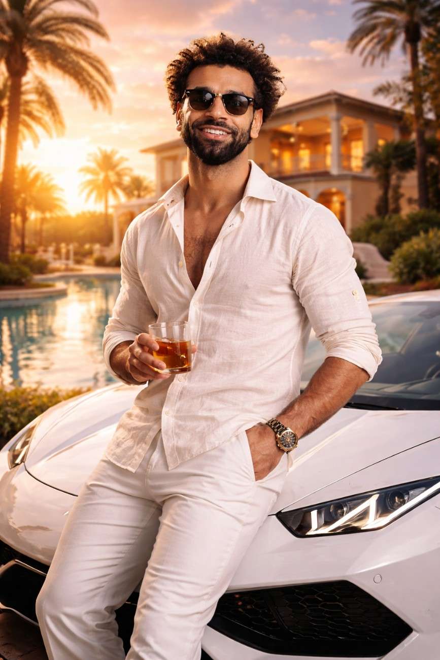 Mohamed Salah enjoying a luxurious lifestyle, leaning against a white sports car with a mansion and pool in the background, representing his wealth and success, related to Mohamed Salah net worth 2026