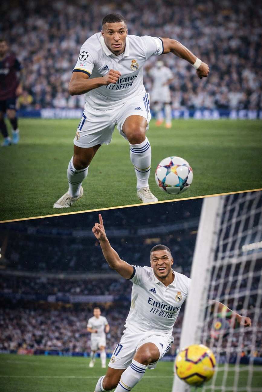 Kylian Mbappé scoring a goal during a professional football match showing his speed and skills