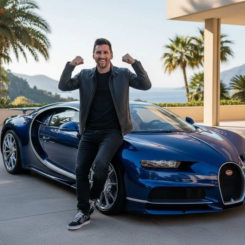 Lionel Messi standing confidently beside a luxury sports car, representing his high salary, bonuses, and total earnings in 2026