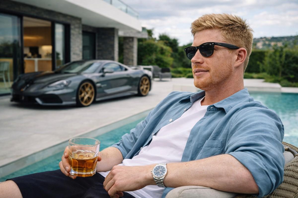 Kevin De Bruyne relaxing by a luxury pool with a sports car in the background.