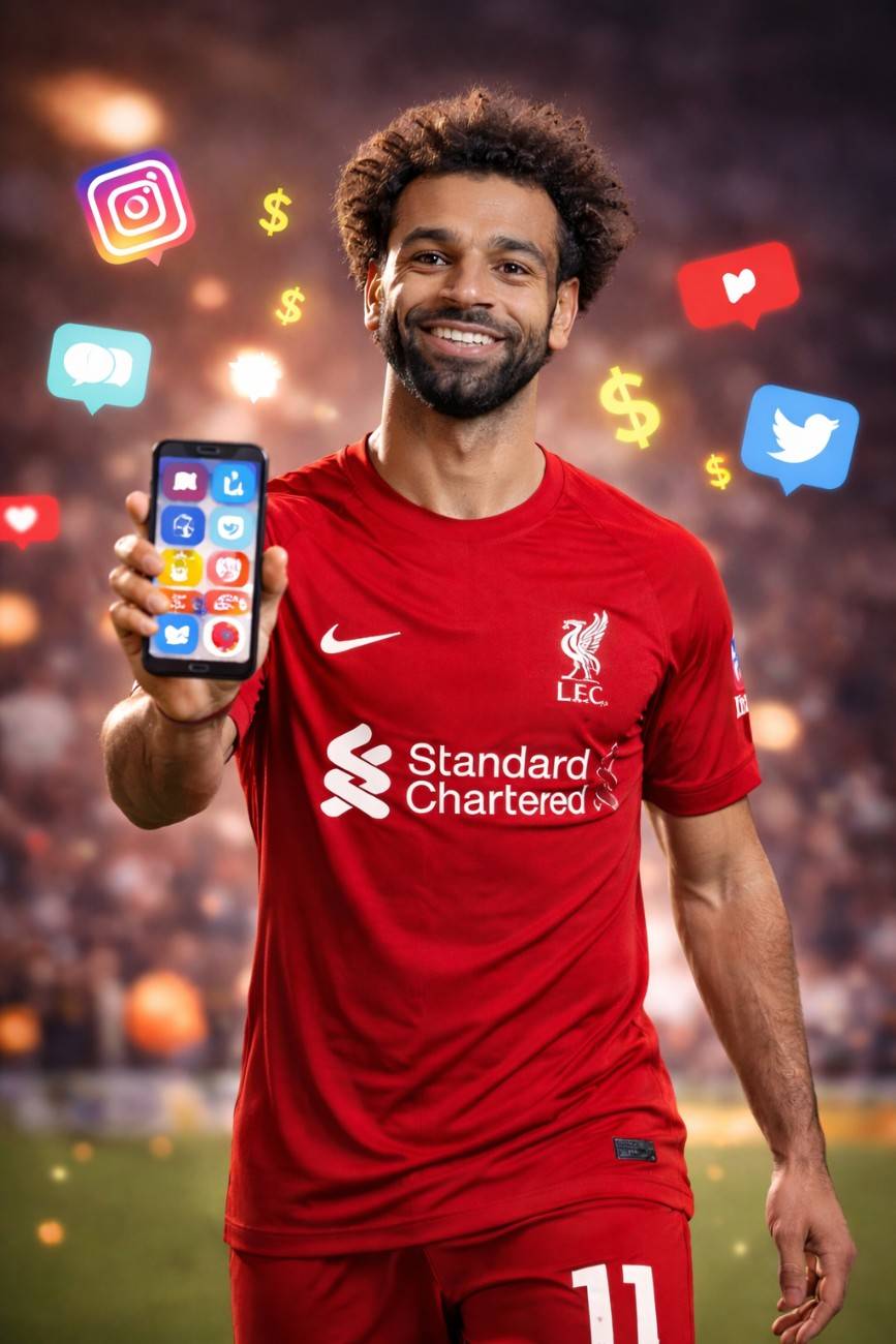 Mohamed Salah holding a smartphone surrounded by social media icons, representing his social media influence and digital earnings, related to Mohamed Salah net worth 2026