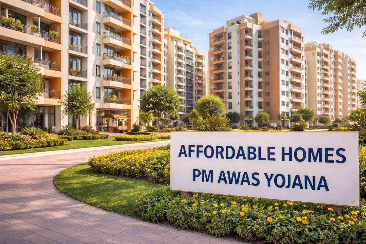 Modern urban affordable apartment complex under PM Awas Yojana 2026 in India, showing multi-storey buildings, green spaces, and families outside their new homes.