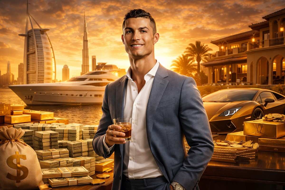 Cristiano Ronaldo enjoying a luxury lifestyle by the waterfront with yachts, supercar and city skyline in the background