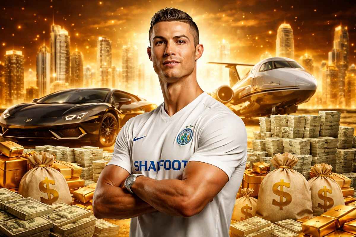 Cristiano Ronaldo symbolizing massive wealth with luxury lifestyle elements, reflecting his financial success in 2026