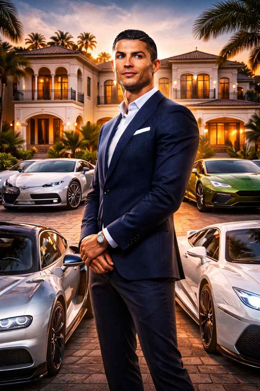 Cristiano Ronaldo standing in a suit with luxury cars parked in front of a mansion at sunset, showcasing wealth and lifestyle