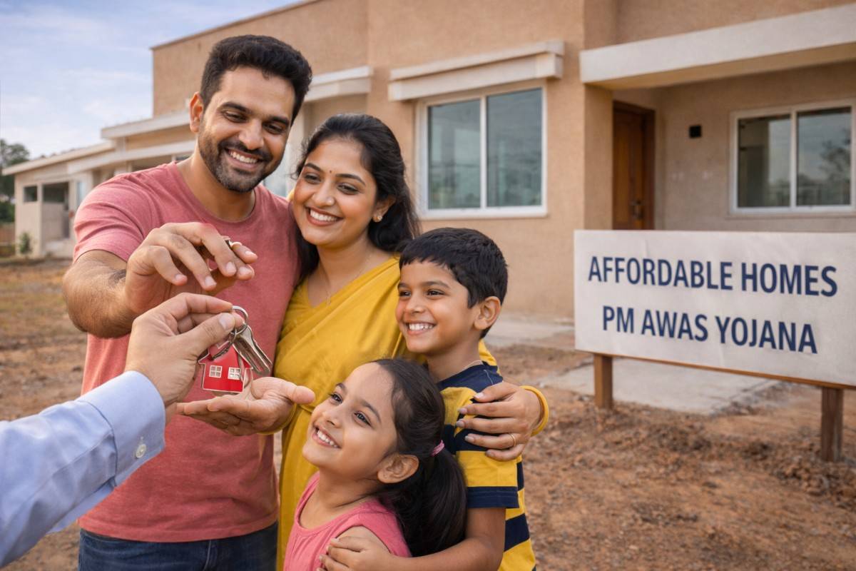 Indian family happily receiving house keys in front of their new home under PM Awas Yojana 2026, showing affordable housing and government support.