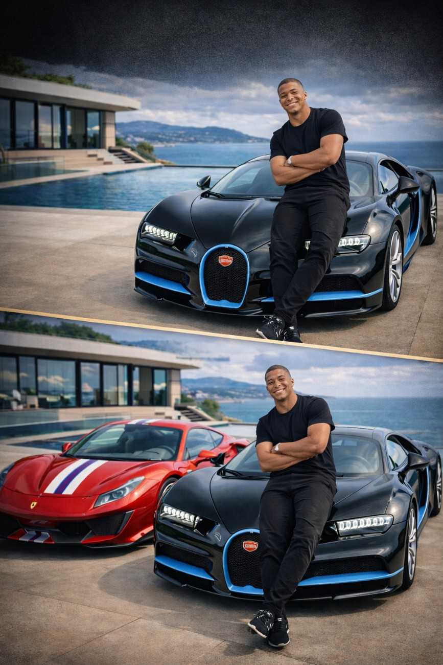 Kylian Mbappé posing with luxury cars showcasing his high-end lifestyle and success