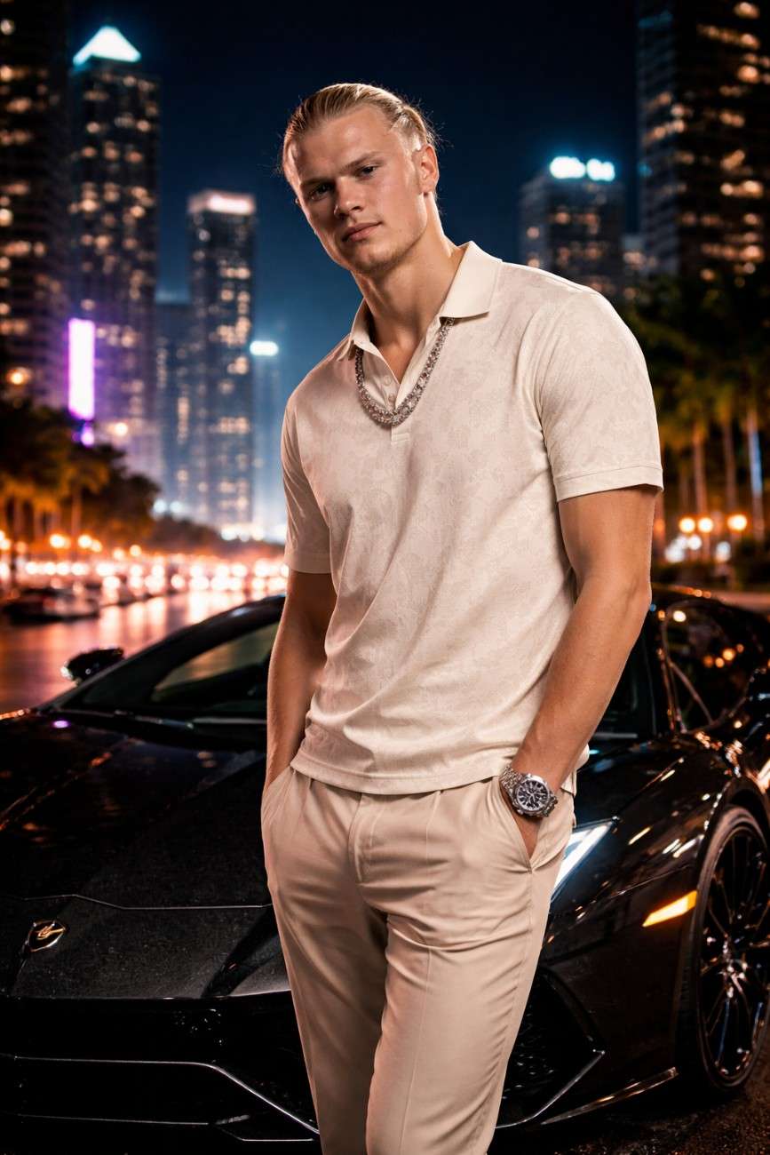 Erling Haaland standing in a luxury night city setting beside a sports car, representing Erling Haaland net worth 2026.