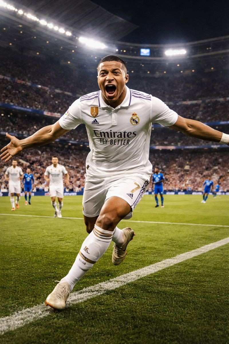 Kylian Mbappé celebrating after scoring a goal for Real Madrid inside a packed stadium under bright floodlights, capturing a high-energy football moment.