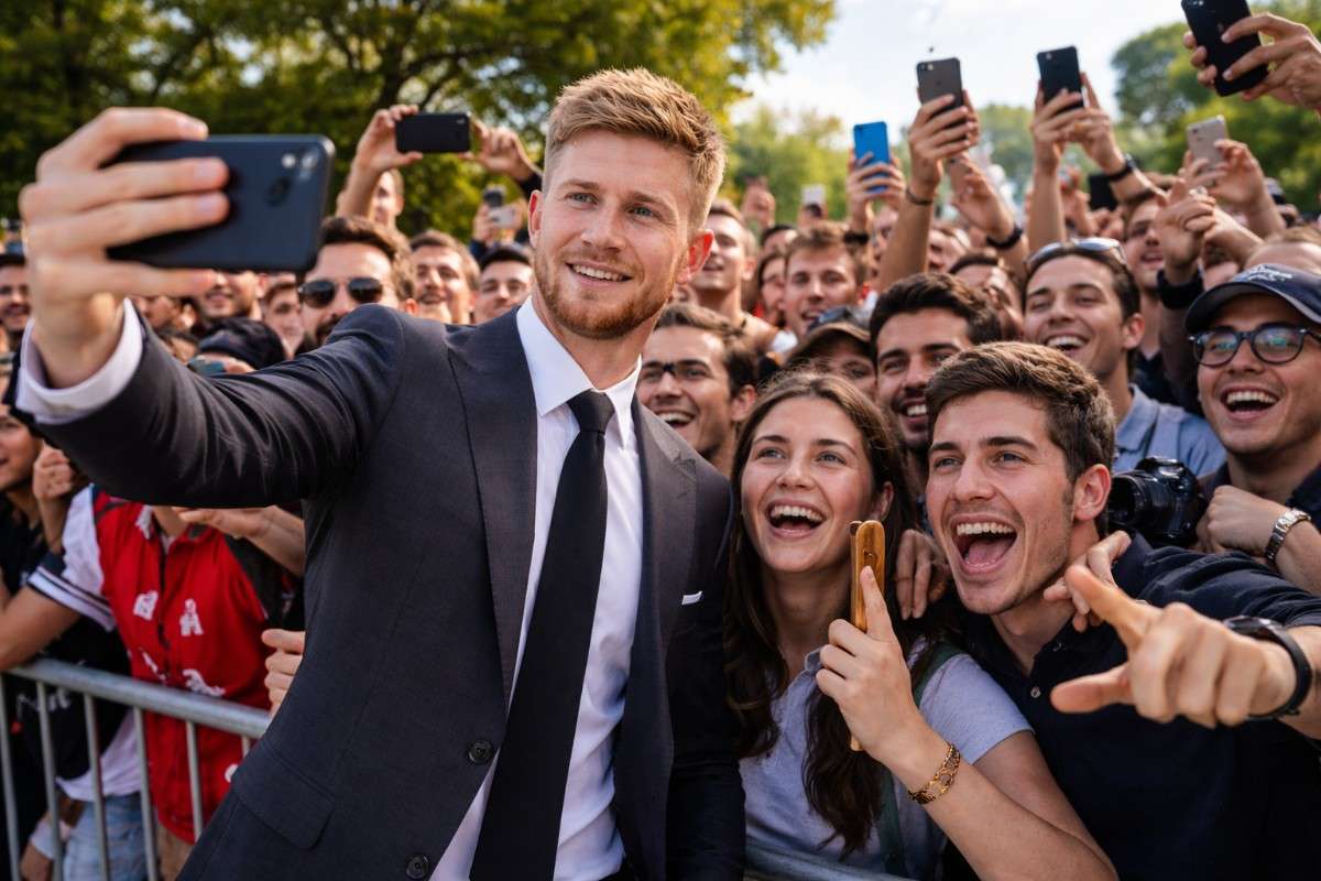 Kevin De Bruyne with his massive fanbase in 2026, interacting with supporters highlighting Kevin De Bruyne Net Worth 2026 and global popularity