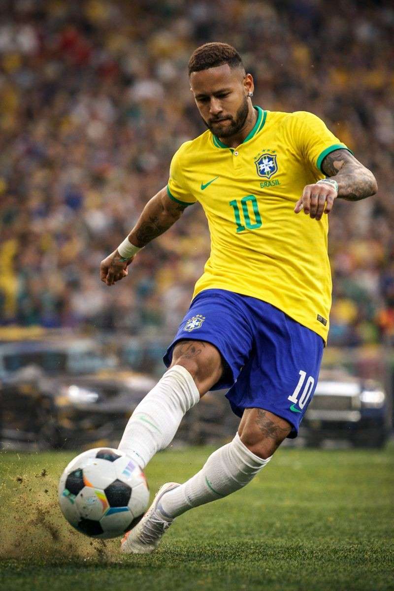 Neymar Jr playing football for Brazil, dribbling the ball on a stadium pitch during a match