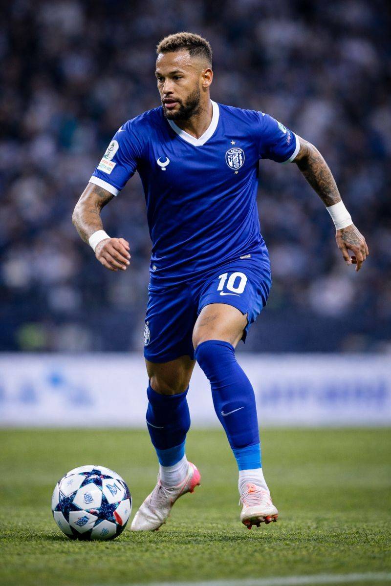 Neymar Jr in action on the football field wearing Al-Hilal blue kit number 10, dribbling the ball with focus and athleticism during a match.