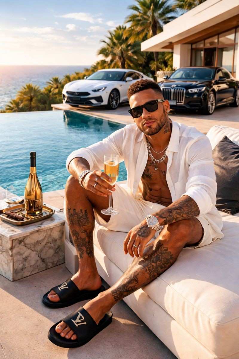 Neymar Jr enjoying his luxury lifestyle by a pool, wearing designer clothes and accessories, with luxury cars in the background.
