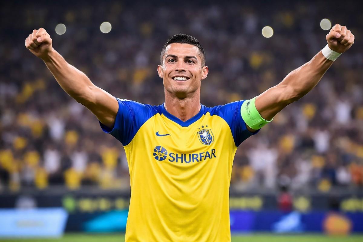 Cristiano Ronaldo celebrating in Al Nassr jersey during a football match in 2026