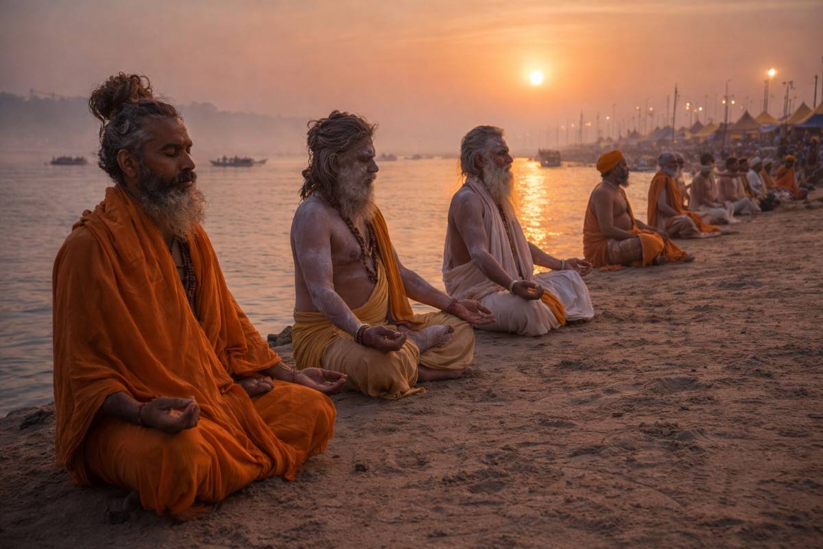 Kalpvasis sitting in meditation on riverbank