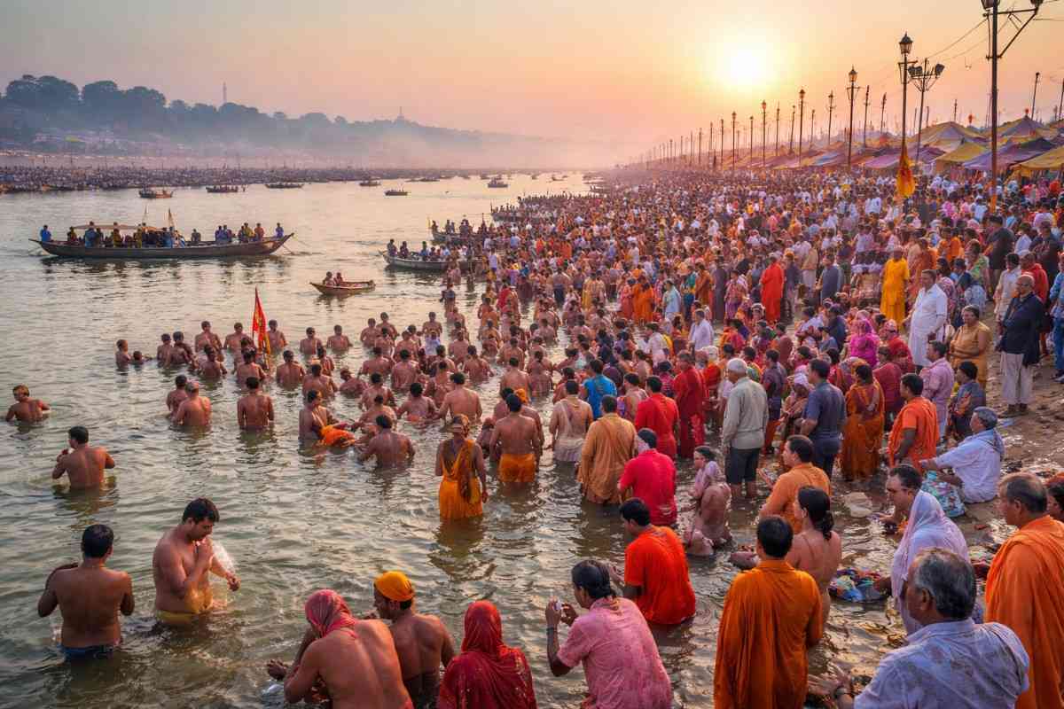 Devotees taking a holy dip at the Triveni Sangam during Magh Mela 2026 in Prayagraj