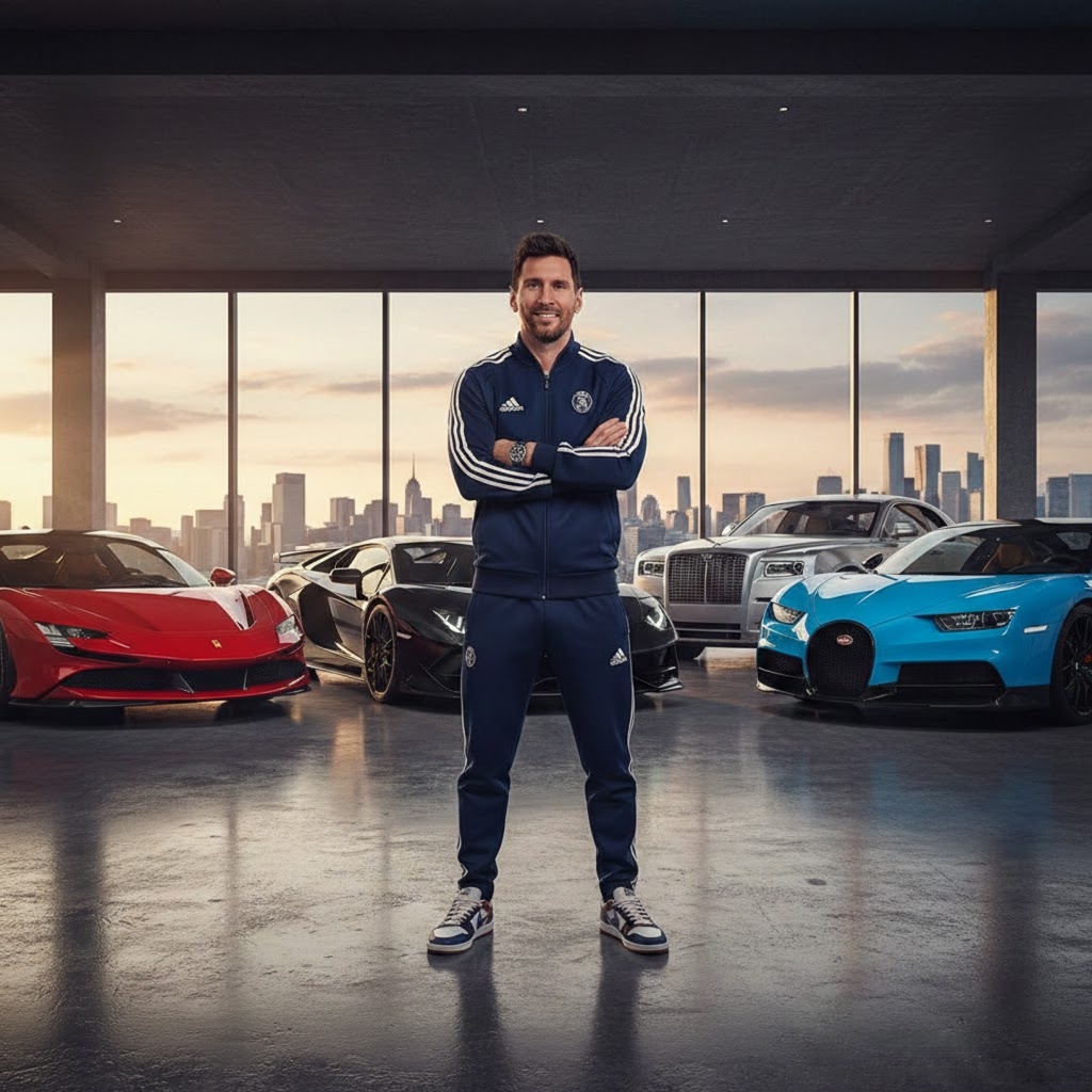 Lionel Messi standing confidently in a luxury garage surrounded by premium sports cars, symbolizing his high earnings and bonus-driven income in 2026