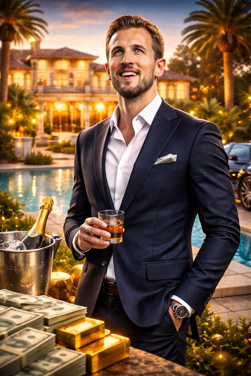 Harry Kane in a navy suit with white shirt, standing outdoors with luxury mansion, sports car, cash stacks and champagne, radiating wealth and style