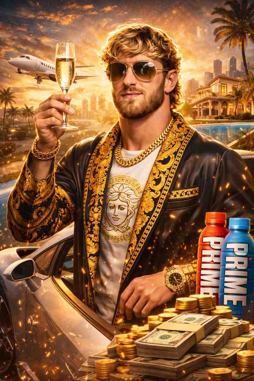 Logan Paul net worth 2026 luxury lifestyle with private jet, supercar, premium fashion, PRIME brand success, and high-end assets