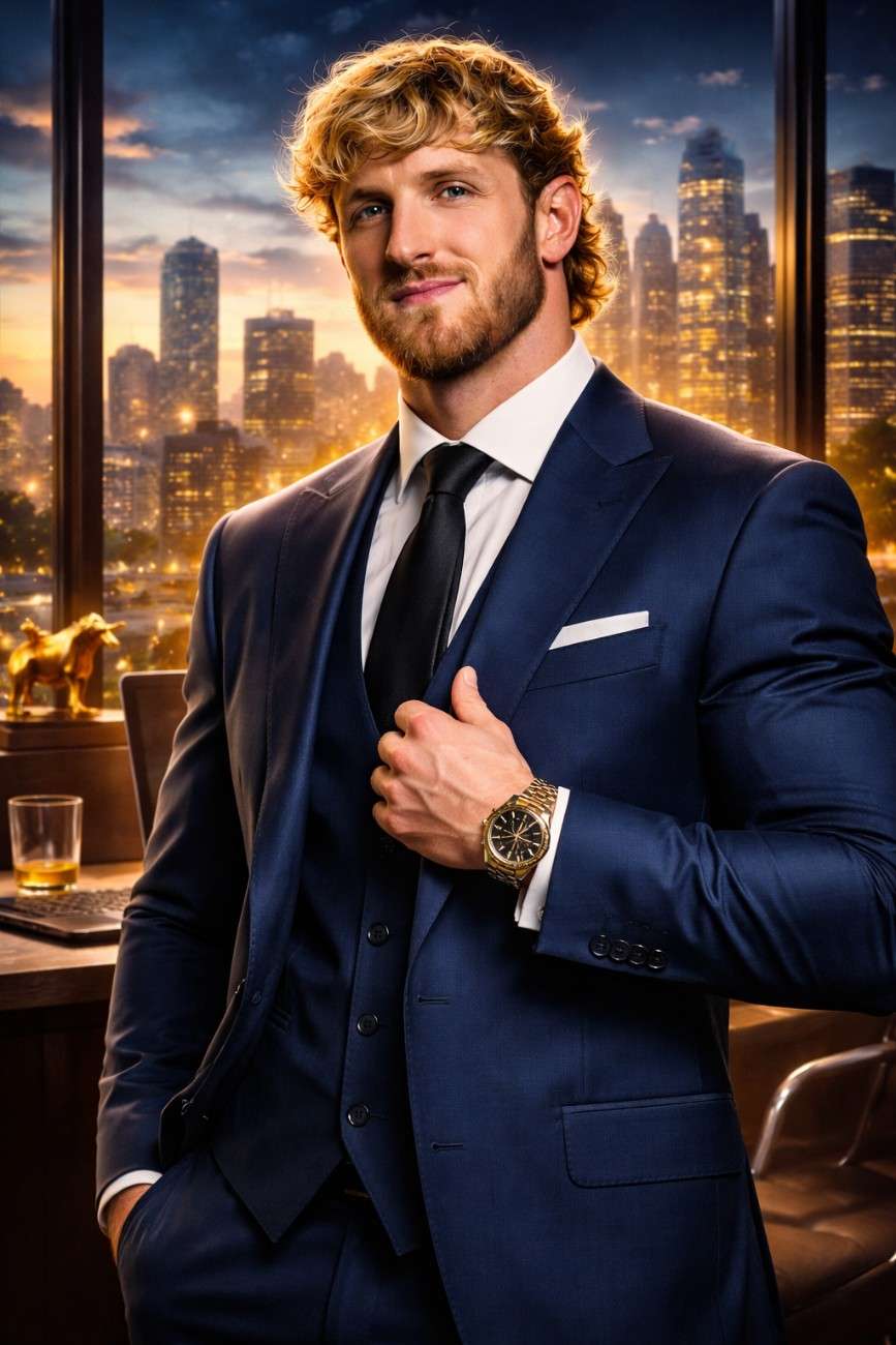 Logan Paul net worth 2026 professional look wearing a formal suit, representing his transition from influencer to global business entrepreneur