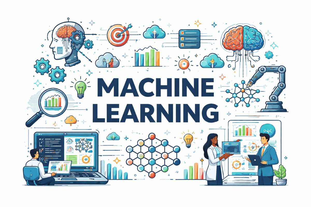 A colorful digital illustration representing Artificial Intelligence vs Machine Learning, featuring a brain with circuitry, neural network diagrams, charts, data analytics icons, a robotic arm, and professionals interacting with AI-driven data on screens.